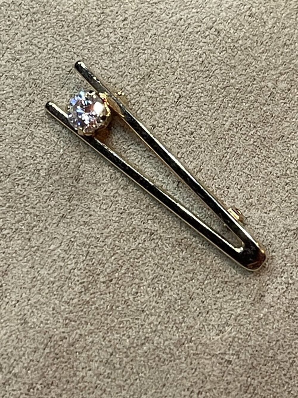 Vintage Mid Century Jeweler's Tweezer Pin Brooch Gold Tone Faux Diamond Solitair